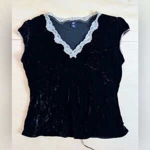 VTG GAP Silk Velvet Lace Trim Tank Top XL Black Whimsigoth Y2K Cami Tie Back